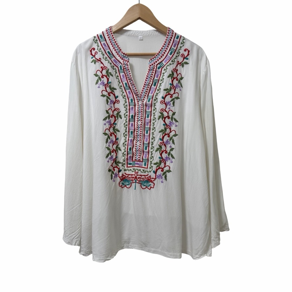 Womens Embroidered Floral Long Sleeve Popover Top Size 3X White Bohemian Hippie
